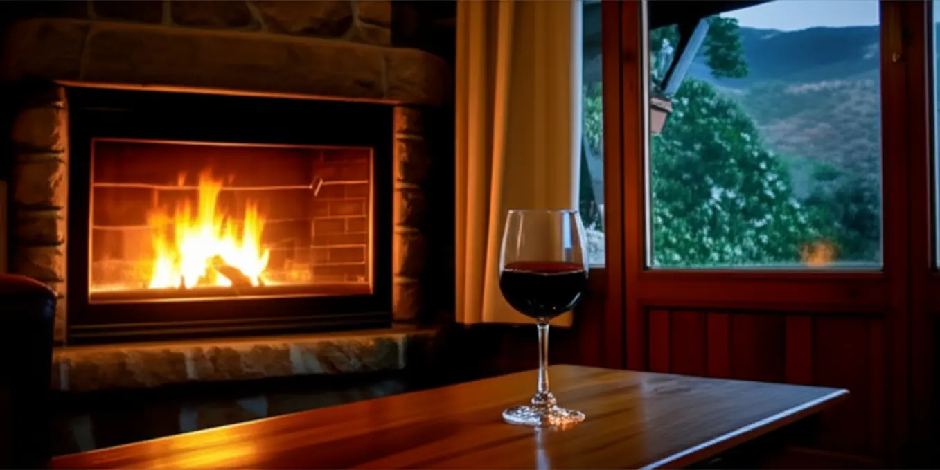 Interior de chalé rústico com lareira acesa, simbolizando o clima de montanha e o refúgio romântico de Monte Verde.
