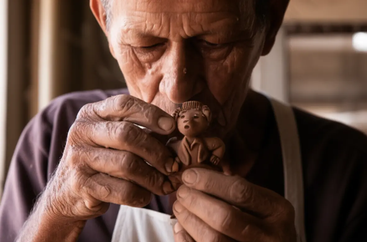 Close-up de mãos de artesão moldando figura de barro em ateliê do Alto do Moura.