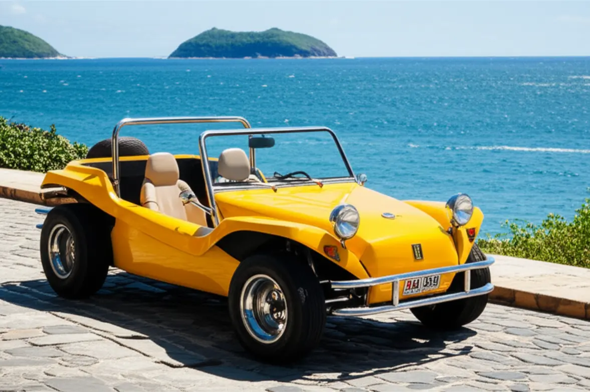 Buggy amarelo clássico em Búzios estacionado com vista para o mar.