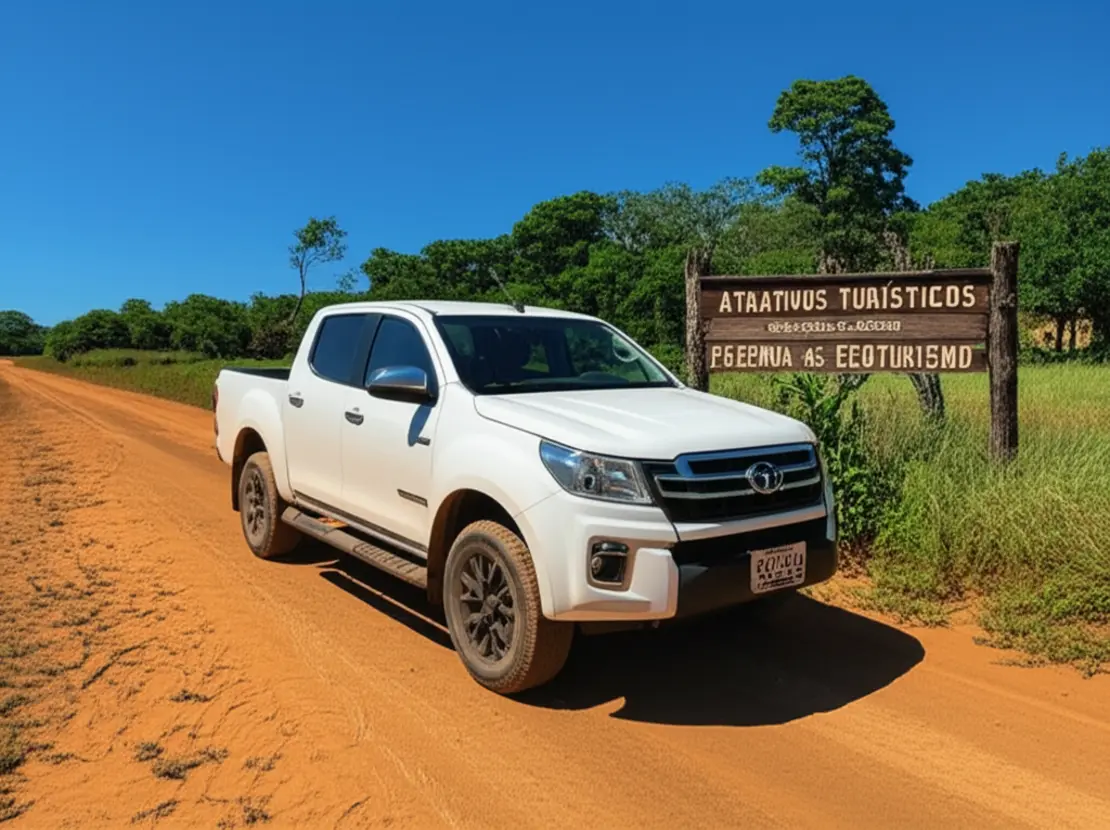 SUV ou picape estacionada em estrada de terra indicando rota para atrações em Bonito.