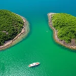 Vista aérea de ilhas tropicais e águas verde-esmeralda em Angra dos Reis.