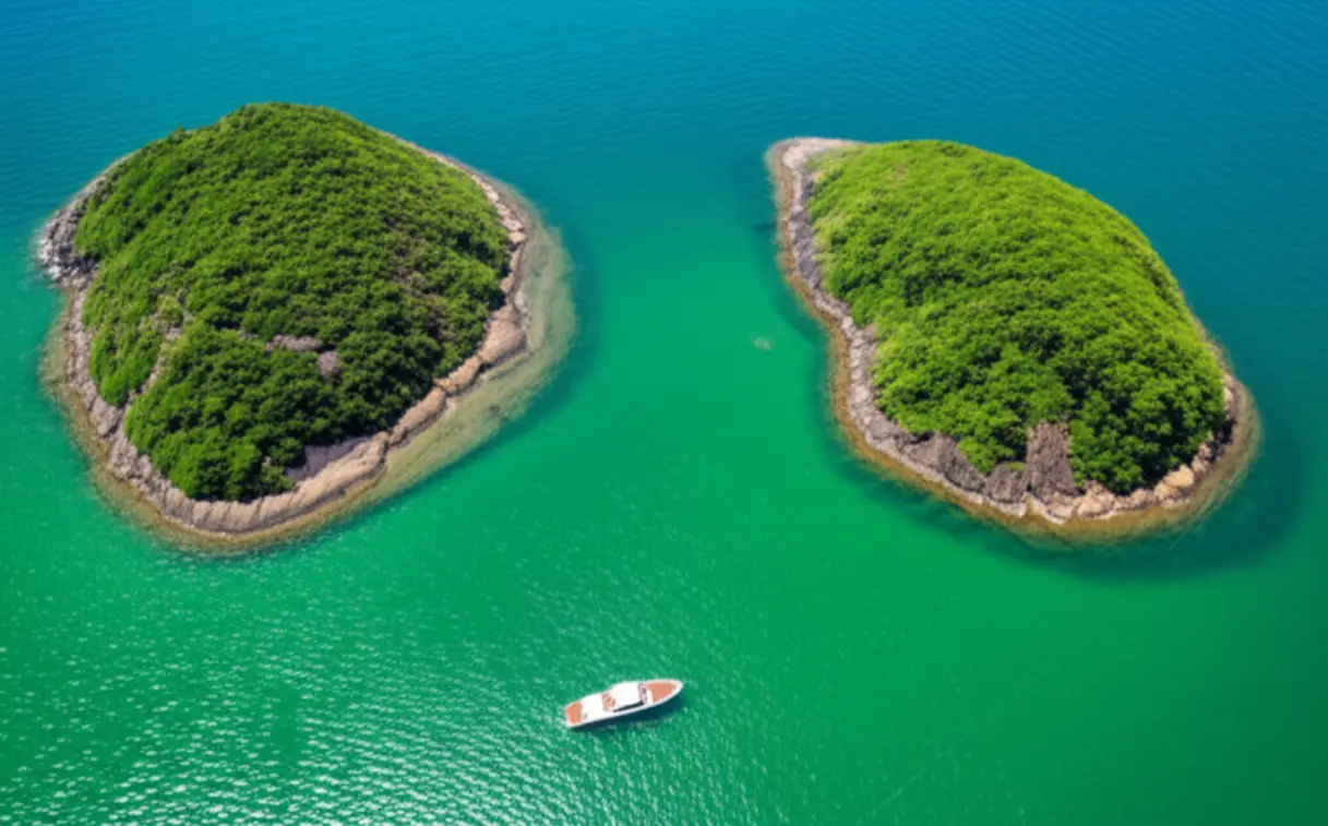 Vista aérea de ilhas tropicais e águas verde-esmeralda em Angra dos Reis.