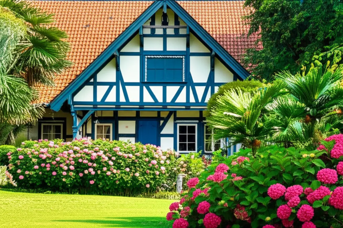 Casa enxaimel colorida em Joinville com um belo jardim florido em primeiro plano.