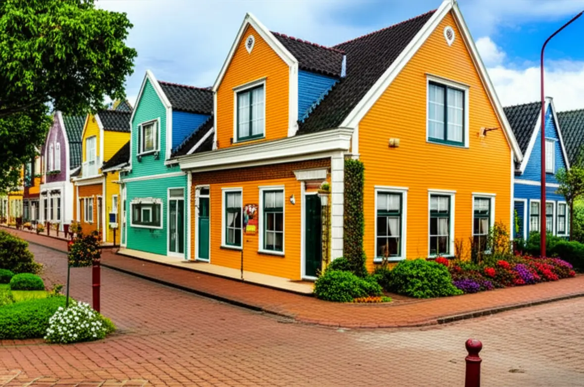 Rua com casas coloridas em estilo holandês na cidade de Holambra.