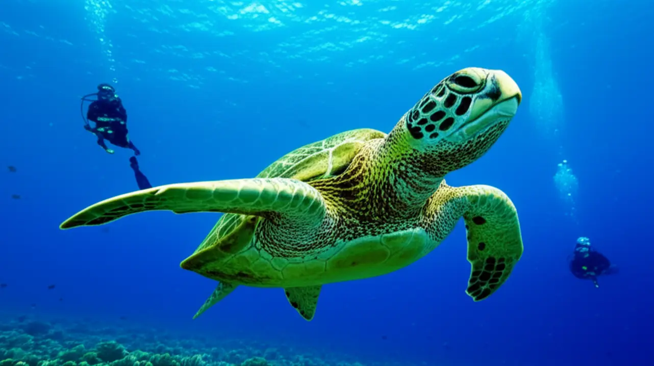 Fotografia subaquática de uma tartaruga nadando nas águas transparentes de Arraial do Cabo.