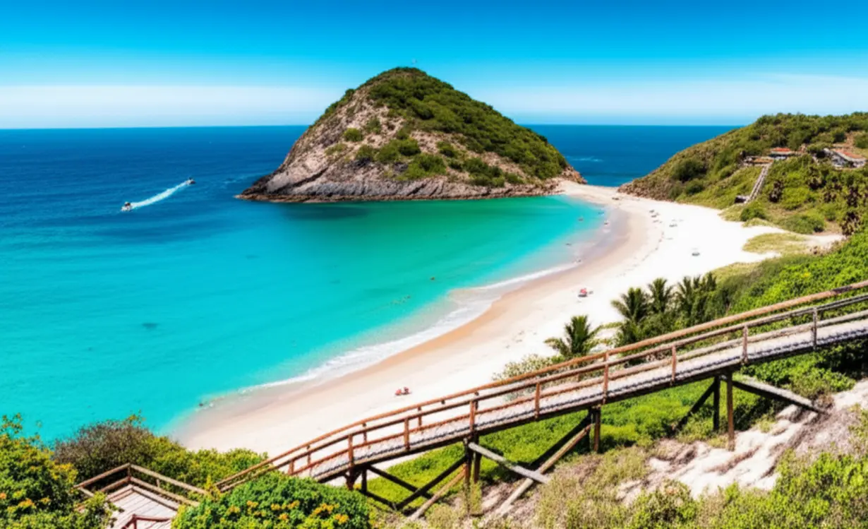 Vista panorâmica das Prainhas do Pontal do Atalaia com mar azul turquesa.