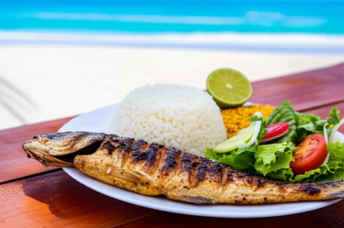 Prato de peixe fresco grelhado com acompanhamentos, com fundo desfocado do mar de Arraial.