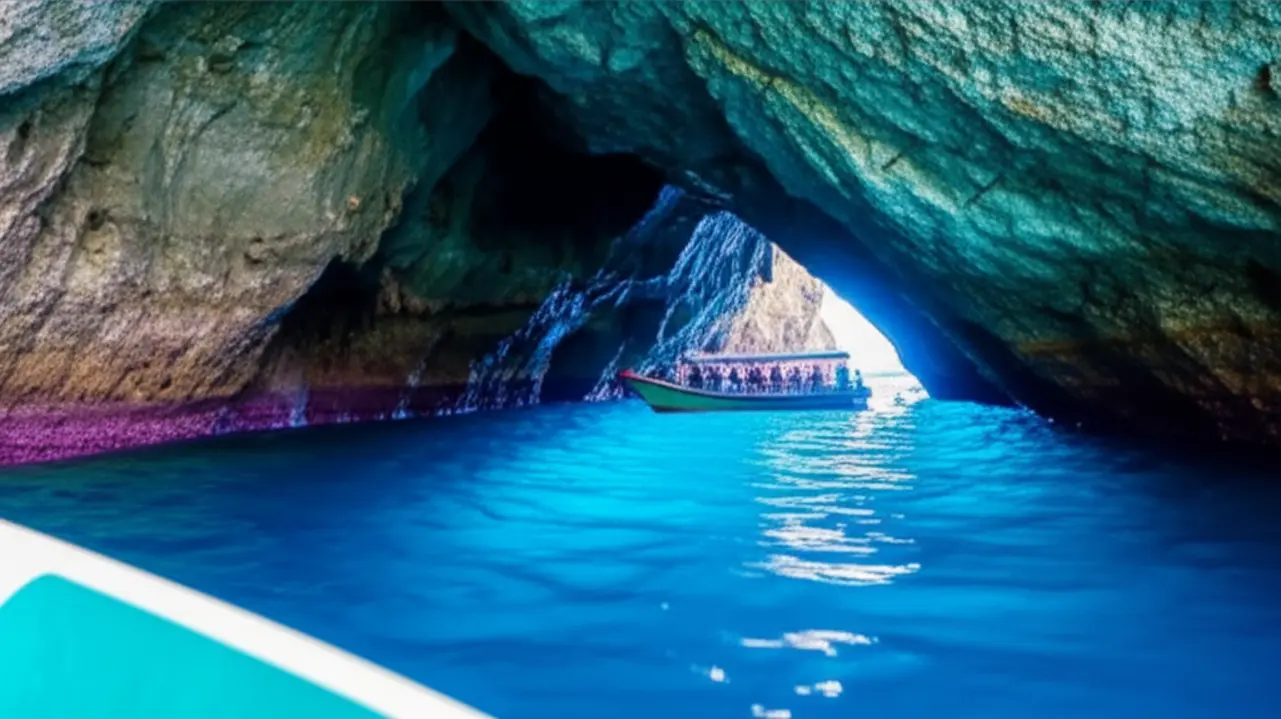 Entrada da Gruta Azul em Arraial do Cabo com reflexo azul intenso na água.