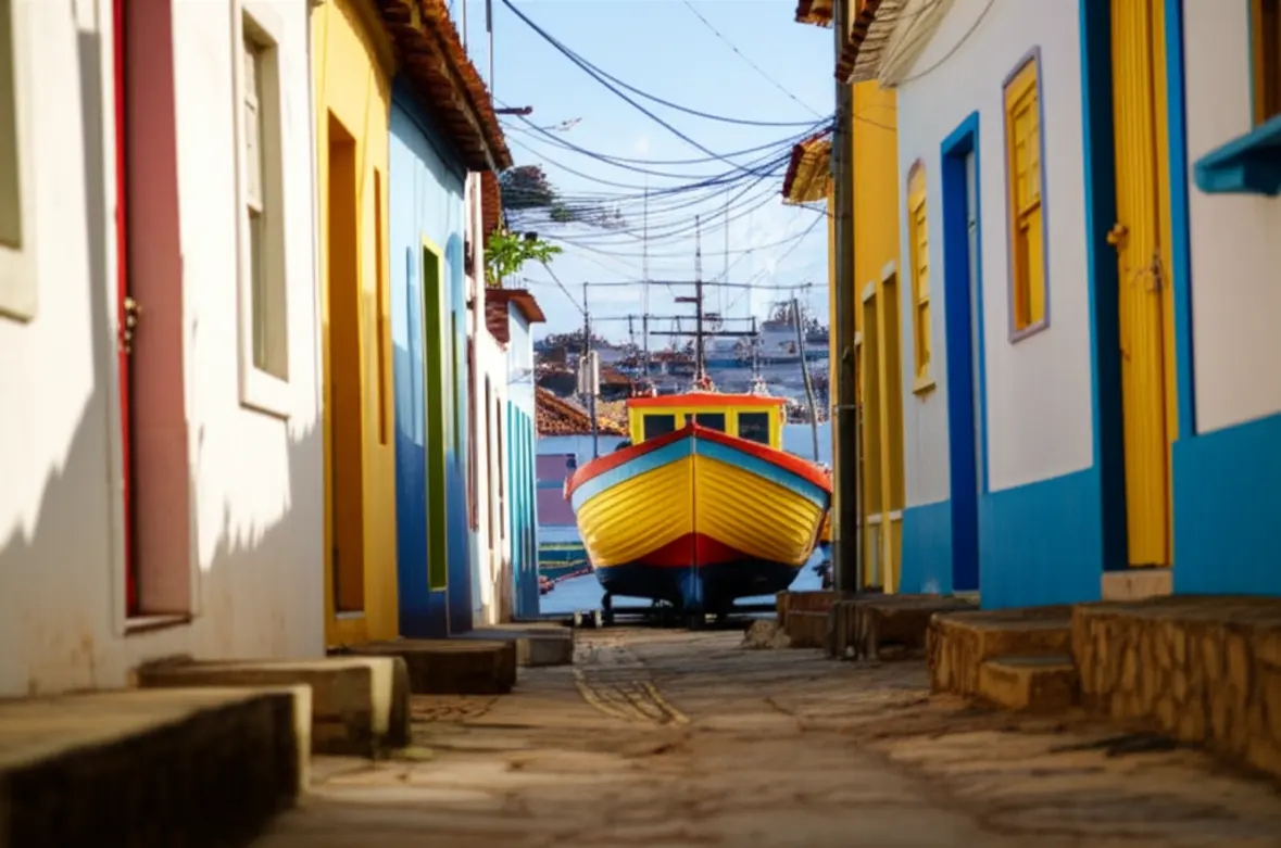 Rua de vila de pescadores em Arraial do Cabo com casas coloridas e barco de pesca.