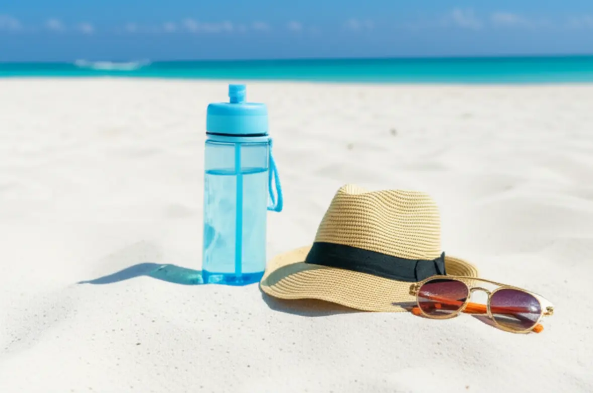 Chapéu, óculos de sol e garrafa de água em areia branca de praia vazia.