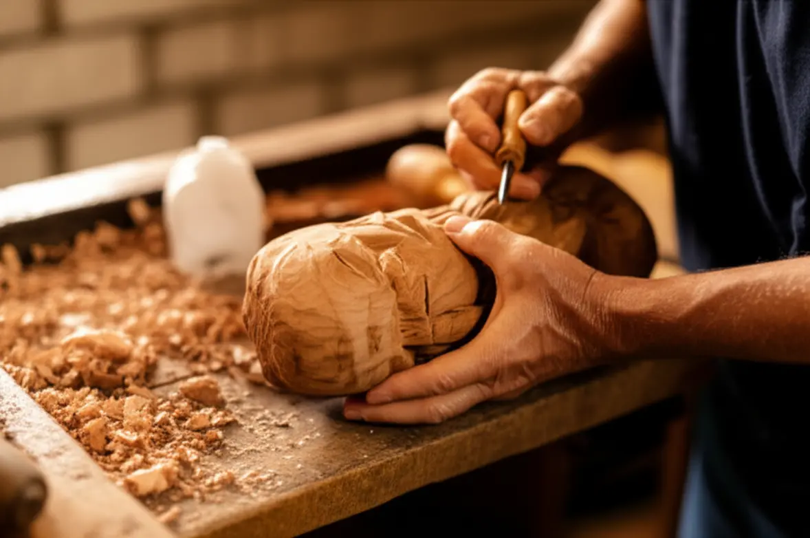 Artesão trabalhando em escultura de madeira em Juazeiro do Norte.