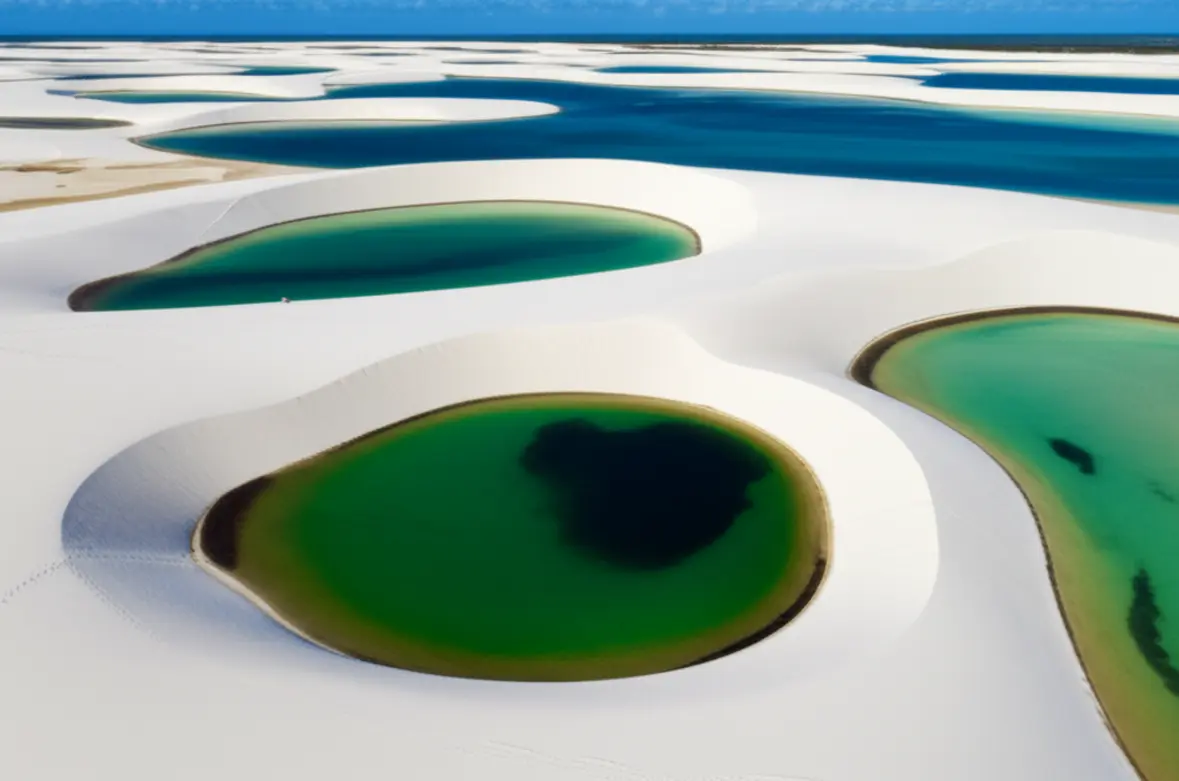 Dunas brancas e lagoas de água cristalina dos Lençóis Maranhenses, a porta de entrada para Atins.