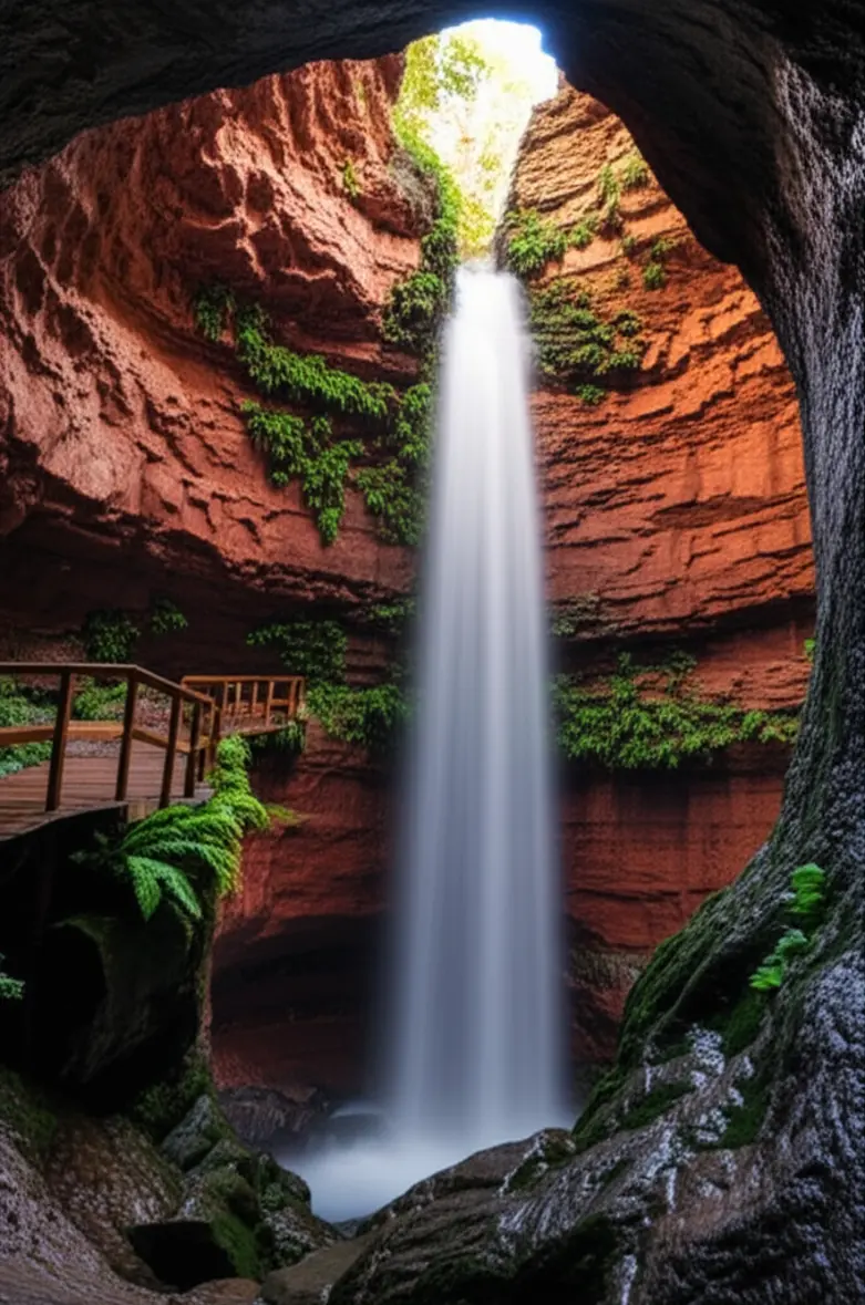 Cachoeira do Santuário de Pedra Caída caindo dentro de um cânion de pedra avermelhada.