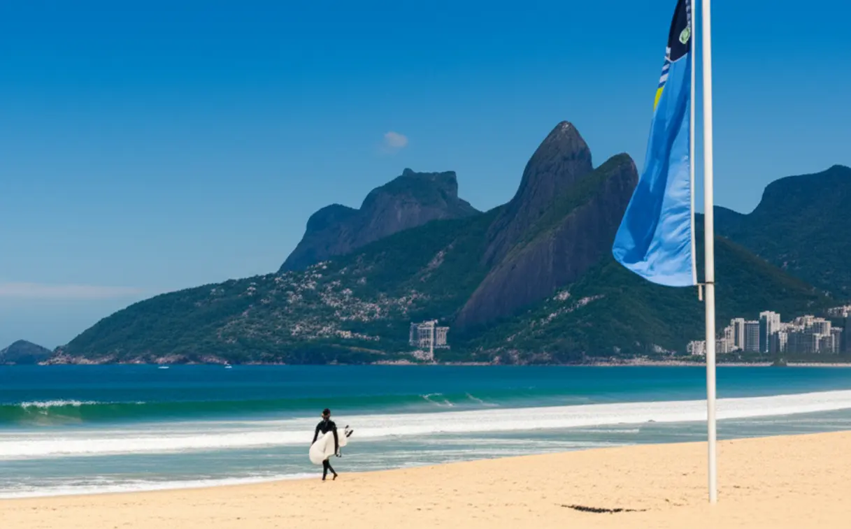 Surfista caminhando na orla da Praia do Tombo com vegetação de Mata Atlântica ao fundo.
