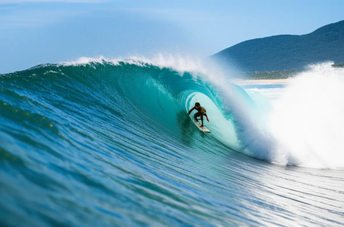 Fotografia de surfista pegando uma onda perfeita na Praia de Itaúna, Saquarema.
