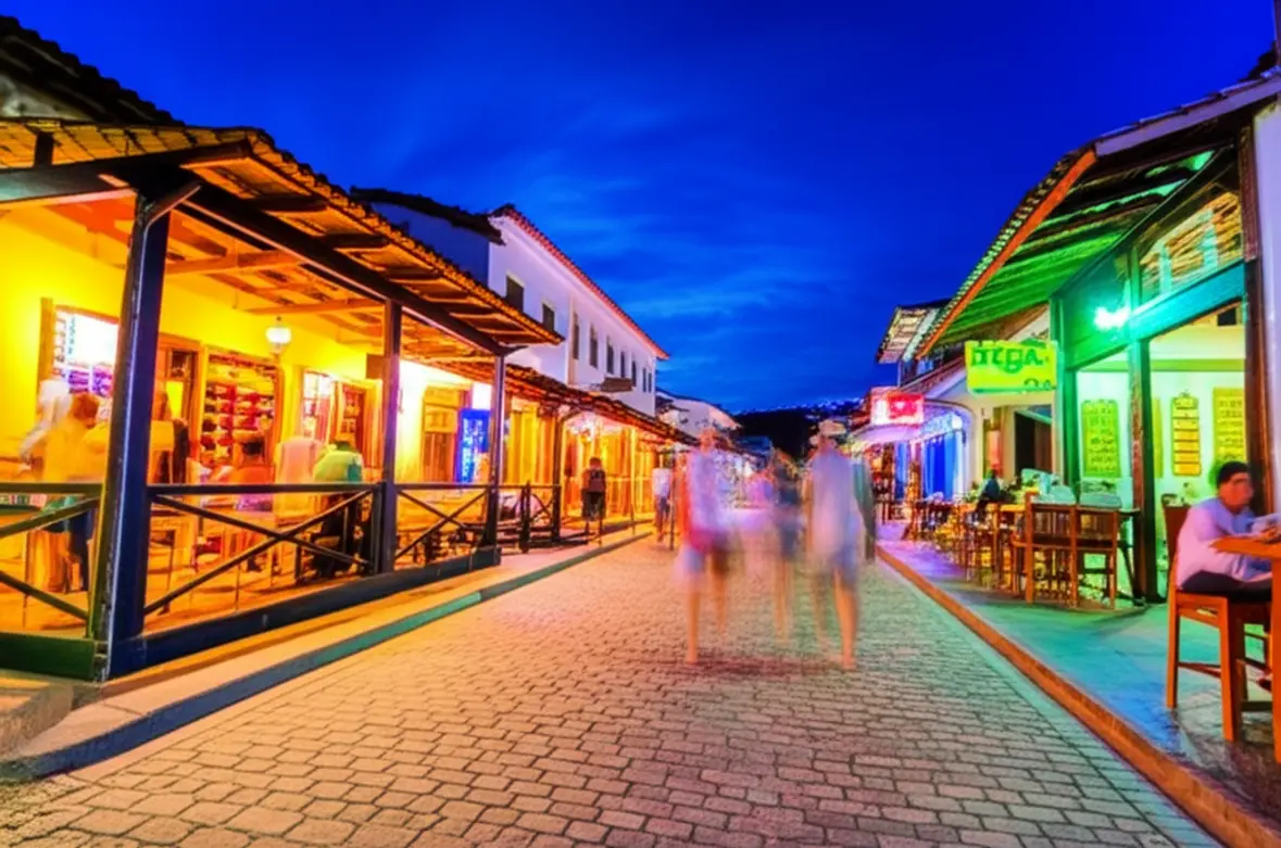 Vista da Avenida Baía dos Golfinhos à noite, com bares e pessoas.