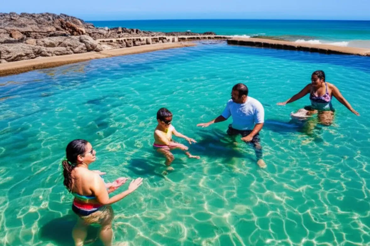 Família na praia da Bacia da Vovó em Penha com protetor solar