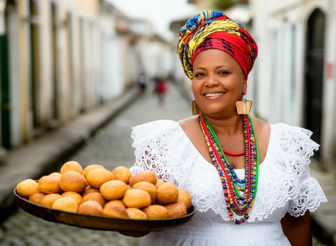 Baiana tradicional de Salvador, vestida de branco, ao lado de seu tabuleiro.
