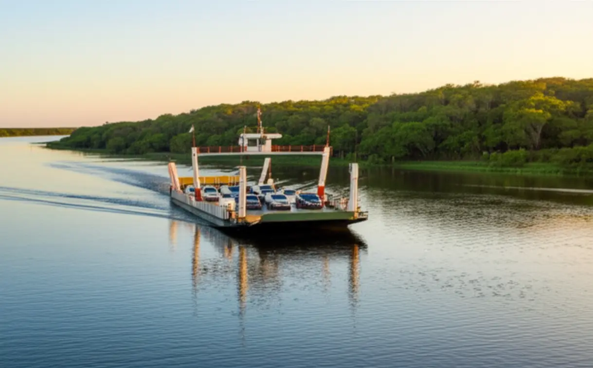 Ferryboat (balsa) cruzando o Rio Buranhém ao pôr do sol na Bahia.