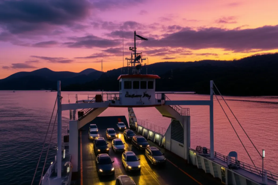 Balsa no mar ao entardecer com a ilha de Ilhabela no horizonte.