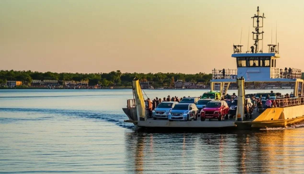 Balsa em Porto Seguro cruzando o rio ao pôr do sol.