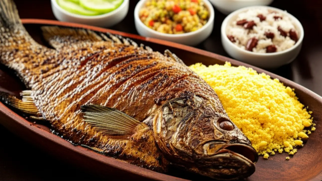 Banda de Tambaqui na brasa com baião de dois, um prato amazônico.