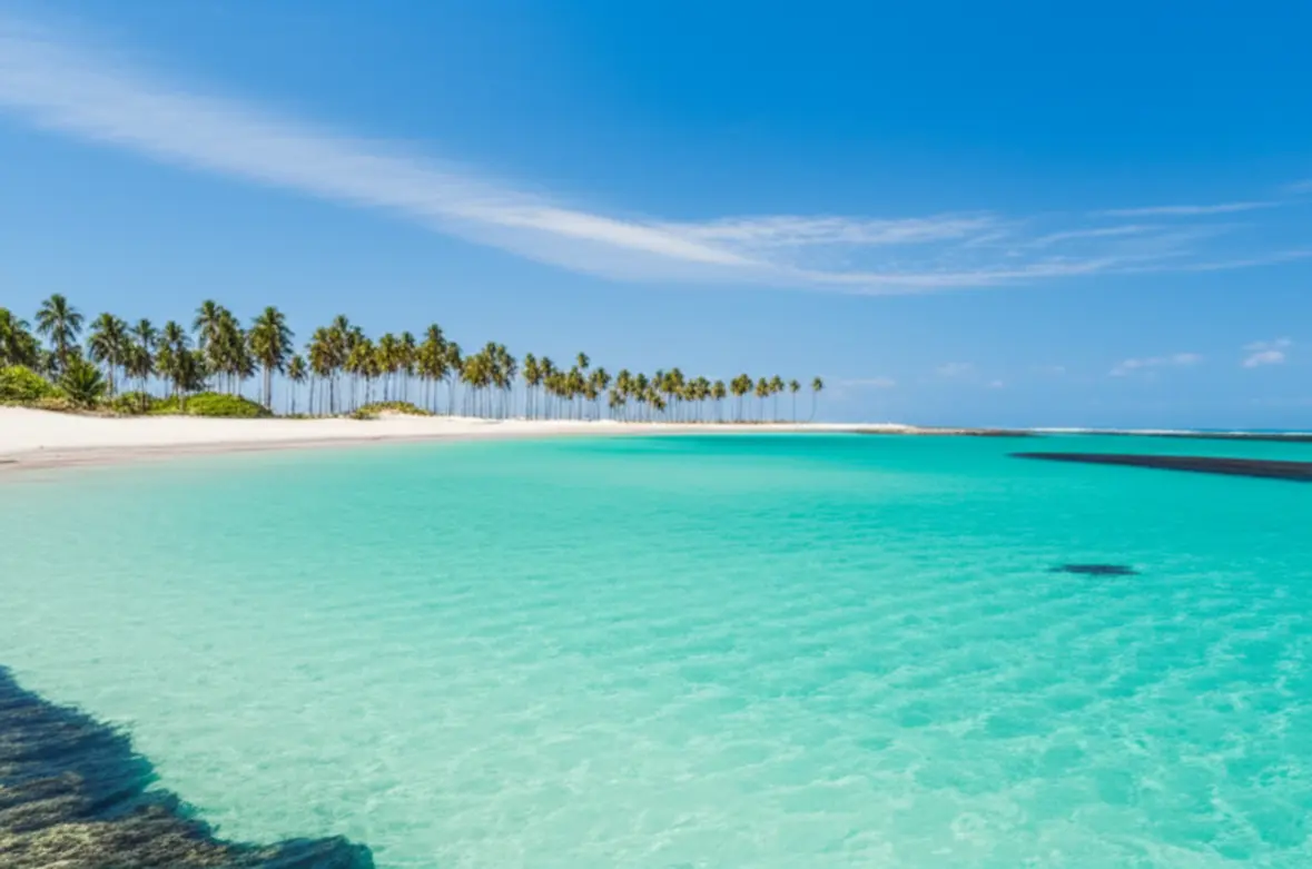 Piscinas naturais cristalinas e calmas na praia de Barra de São Miguel em Alagoas.