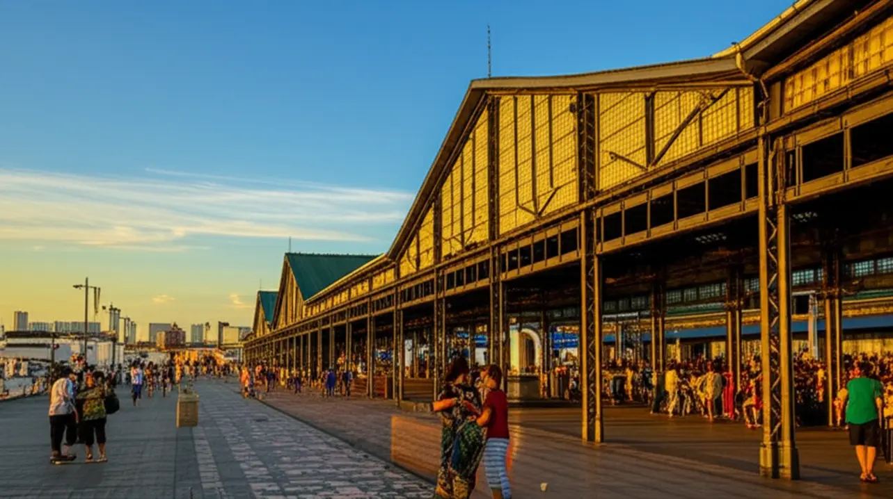 Vista da Estação das Docas em Belém, no Pará, sob a luz do pôr do sol.