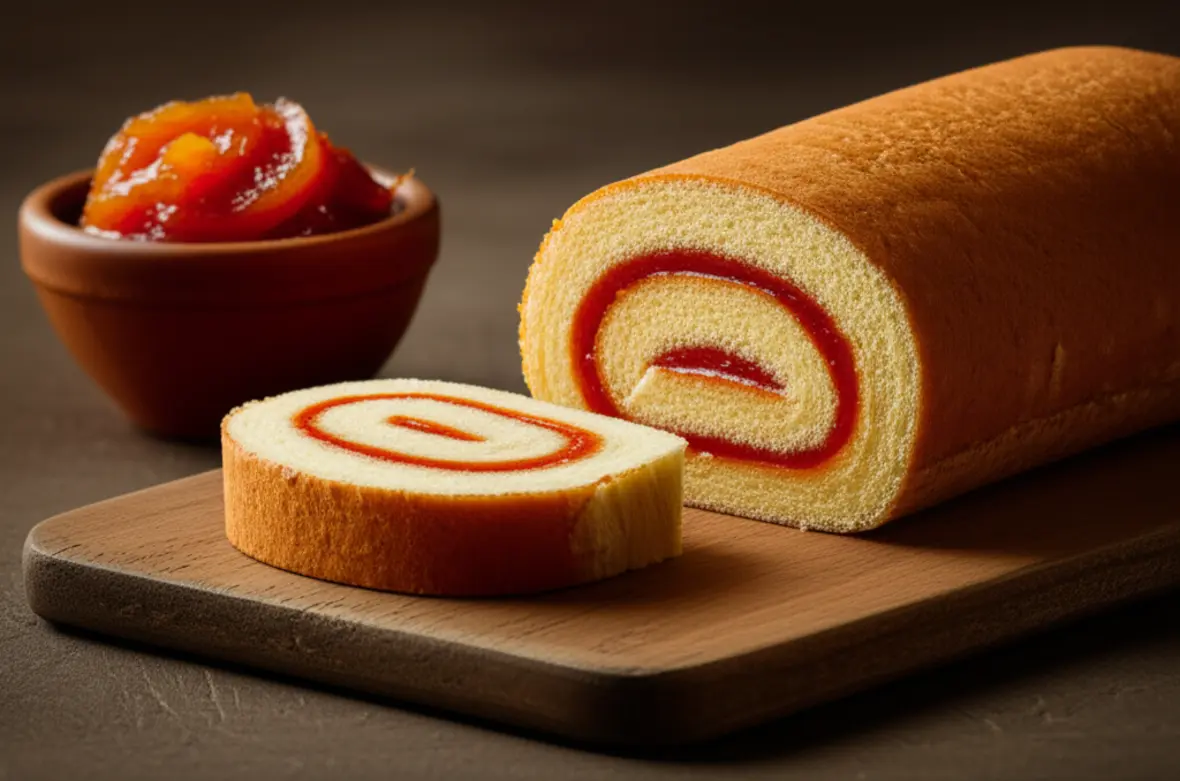 Close-up de uma fatia do tradicional Bolo de Rolo com recheio de goiabada.