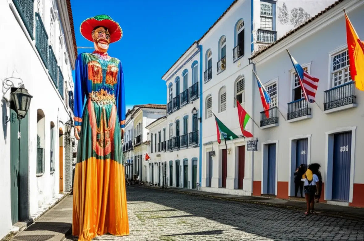 Boneco gigante do Carnaval de Olinda em rua de paralelepípedos.