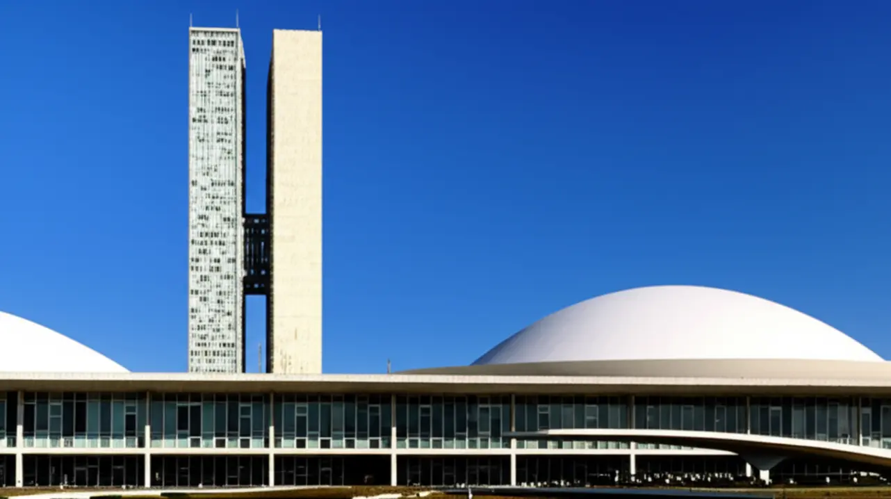 Congresso Nacional de Brasília com céu azul vibrante.