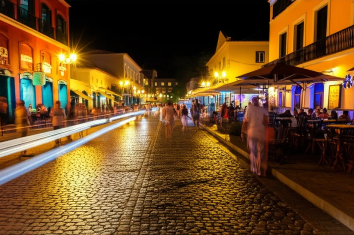 Rua de pedras portuguesas iluminada de Canoa Quebrada à noite.