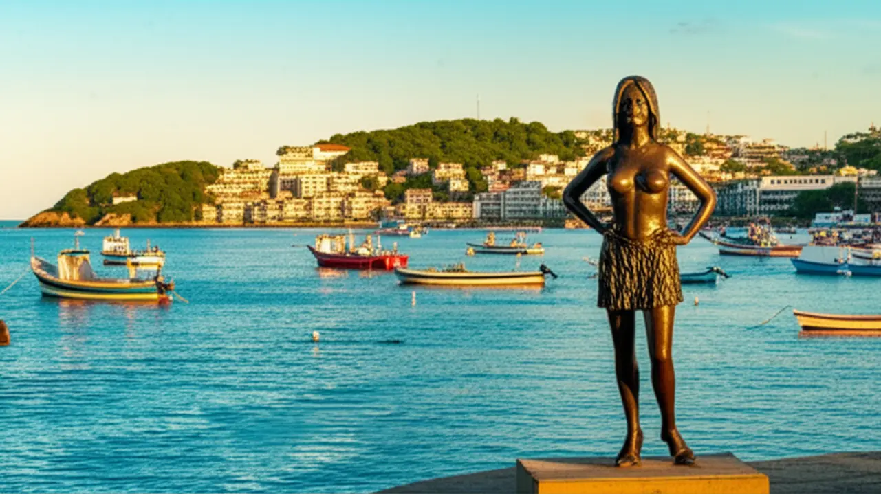 Orla Bardot e estátua de Brigitte Bardot ao pôr do sol em Búzios.
