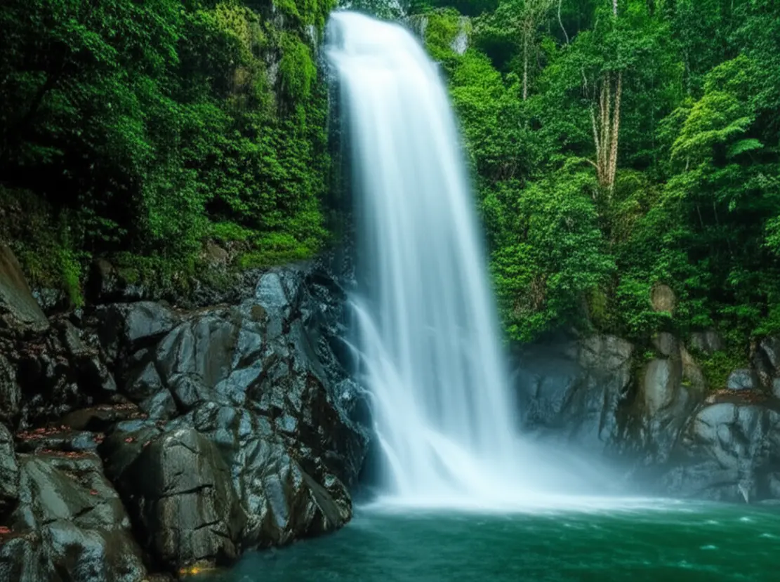 Queda d'água alta da Cachoeira do Gato em meio à floresta tropical.