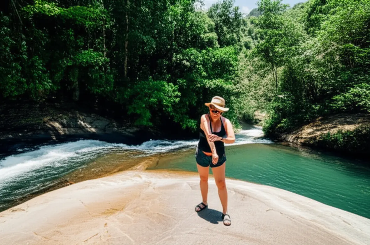 Turista aplicando protetor solar perto da Cachoeira do Tobogã em Paraty.