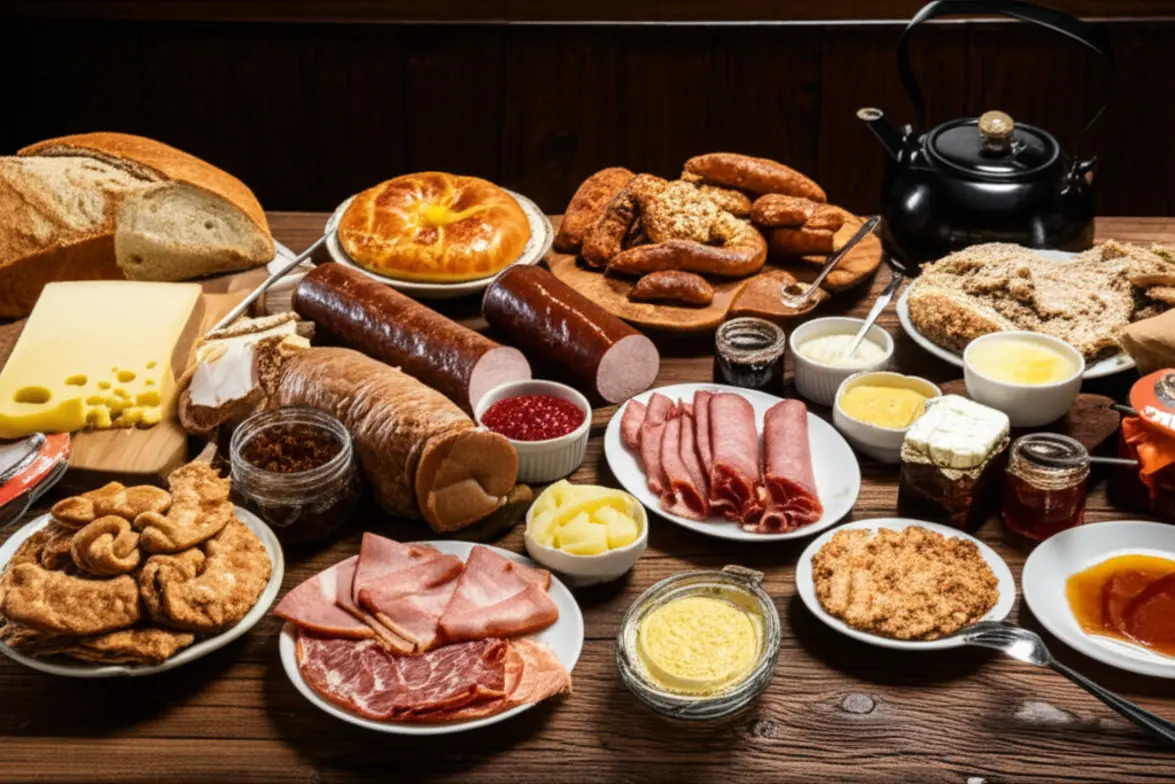 Mesa de Café Colonial farto com tortas e socol.