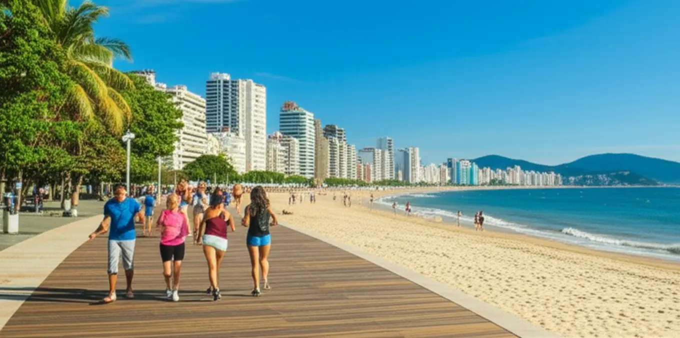 Pessoas caminhando e pedalando no calçadão da Praia de Camburi.