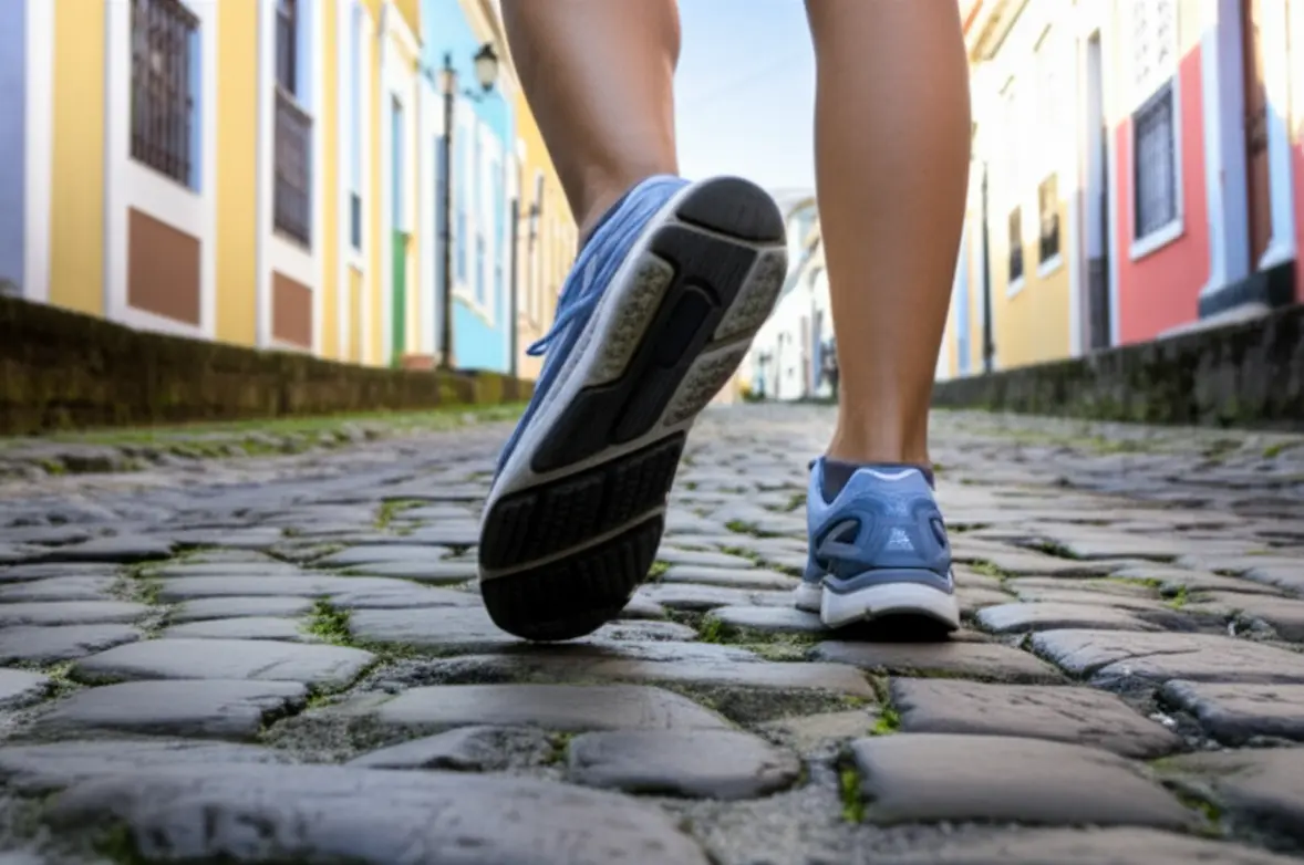 Pés com tênis confortáveis caminhando em ladeira de paralelepípedos de Olinda.