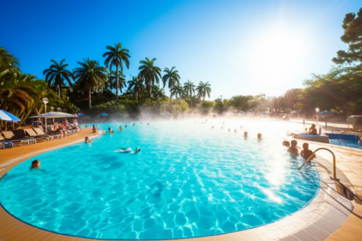 Resort de águas termais com piscinas fumegantes em Caldas Novas.