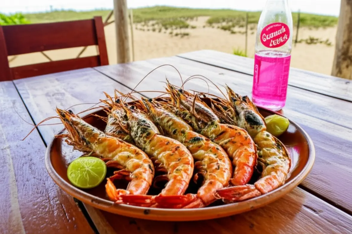 Prato rústico de camarão grelhado fresco e refrigerante Guaraná Jesus no Maranhão.