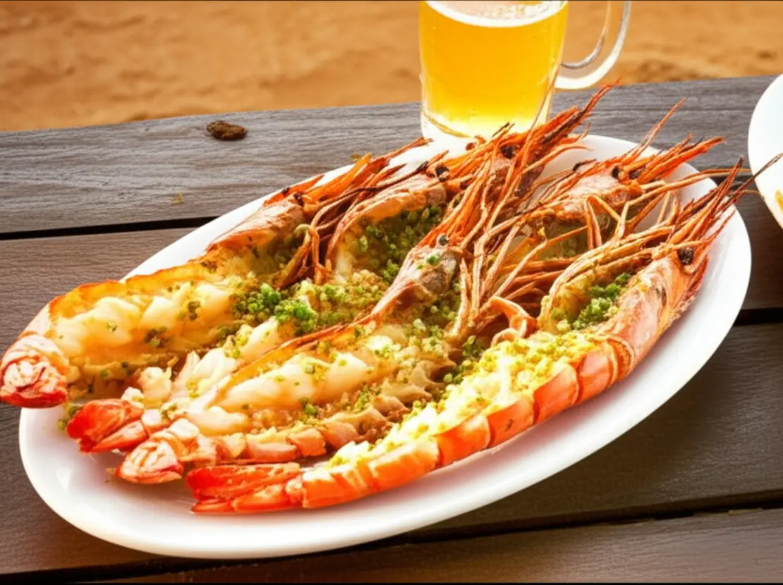 Prato de camarão grelhado com alho e azeite servido em restaurante rústico de praia.