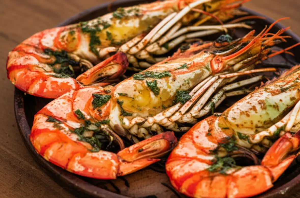 Prato de camarão grelhado fresco servido em uma mesa rústica.