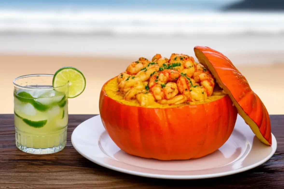 Prato de Camarão na Moranga em abóbora em uma mesa de madeira rústica.