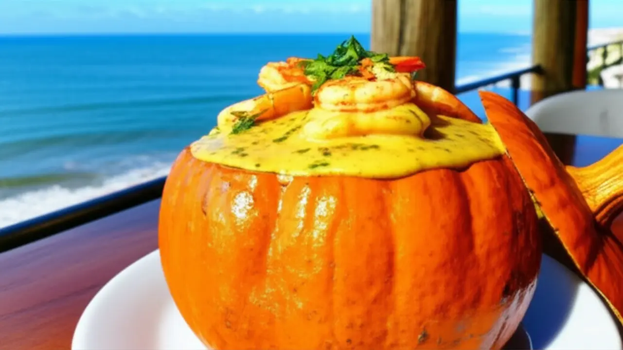 Prato de camarão na moranga em restaurante de Natal.