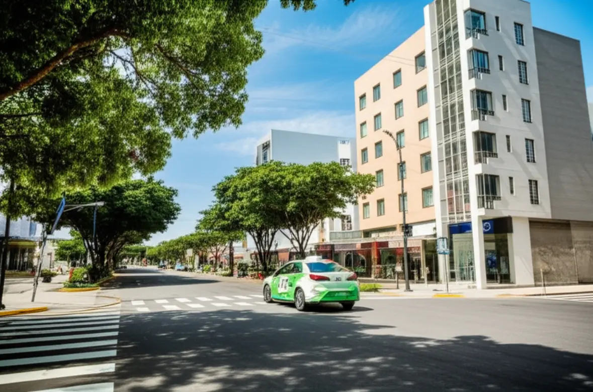 Carro de aplicativo em rua moderna e organizada de Campina Grande, representando a facilidade de locomoção.