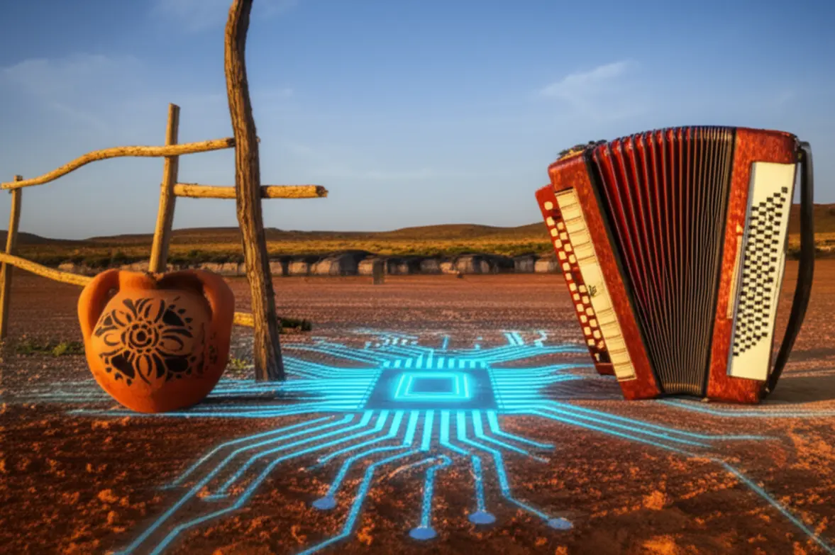 Fotografia conceitual mostrando a fusão de tecnologia com a cultura do sertão nordestino.