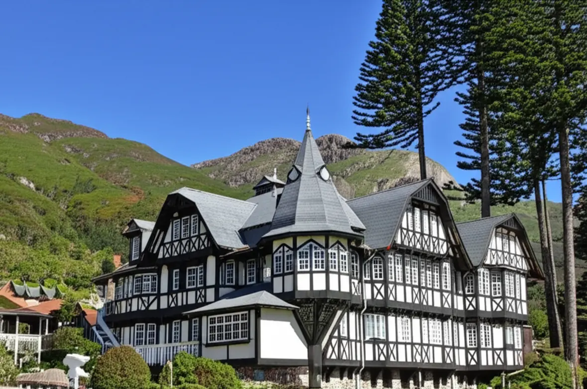 Edifício com arquitetura europeia cercado por araucárias e montanhas na Serra da Mantiqueira.