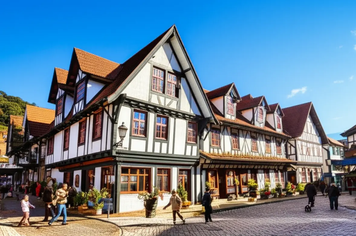 Vista frontal da arquitetura enxaimel e rua em Vila Capivari, Campos do Jordão.