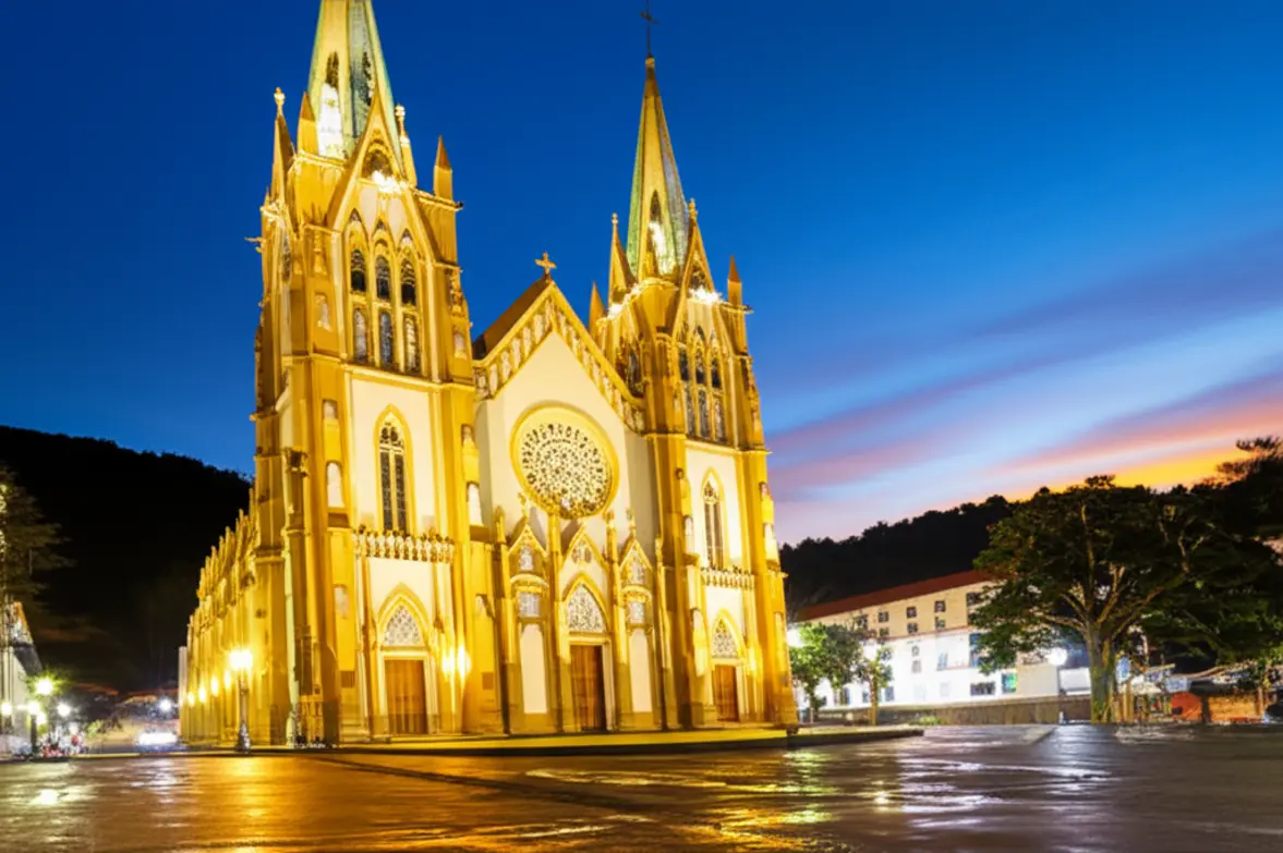 Catedral de Pedra iluminada em Canela, Brasil, à noite.