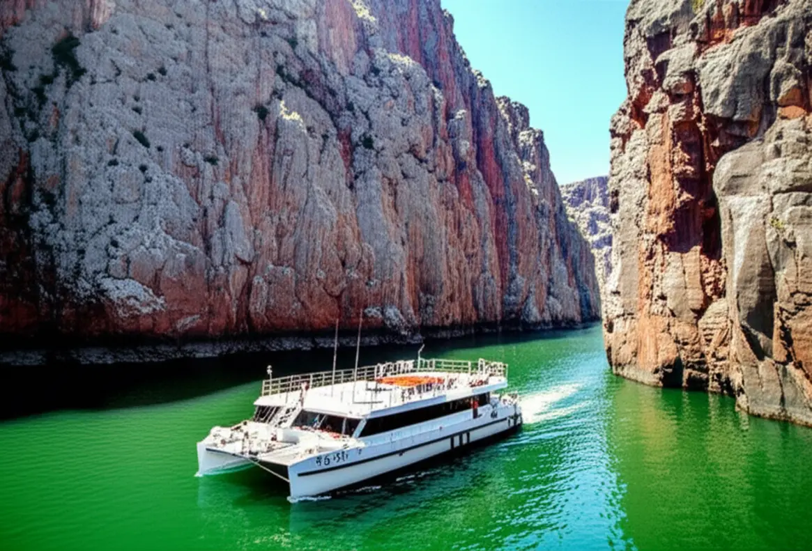 Catamarã em meio aos paredões do Cânion do Xingó.